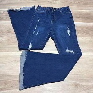 Nina Rossi Flare Jeans Womens 15 Blue Distressed Raw Hem High Rise NR2201DK Boho